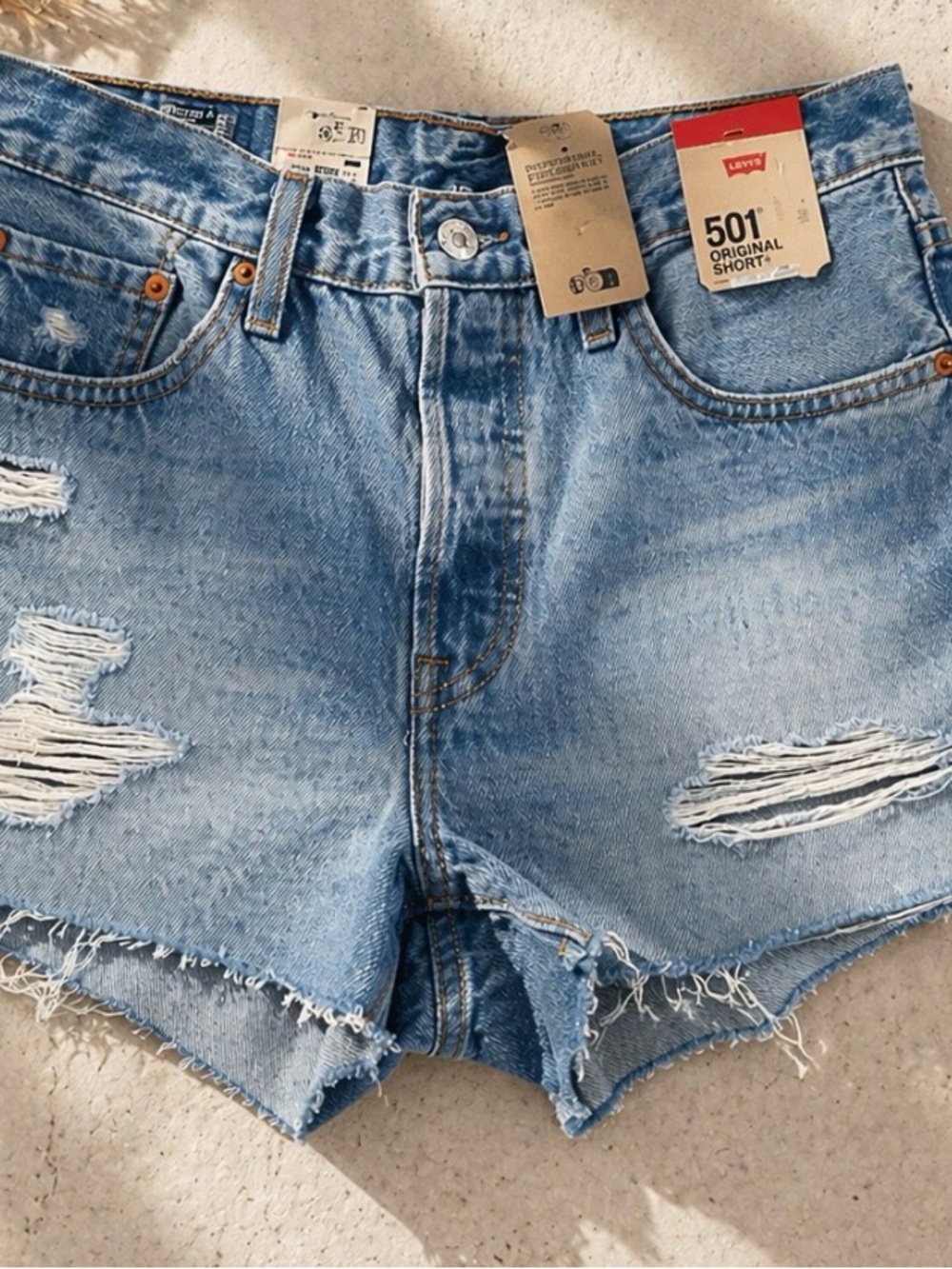 Levi's Light Blue Distressed 501 Short Jean Shorts